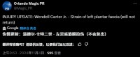 😭魔术官方:温德尔·卡特左足底筋膜拉伤 本场不会回归